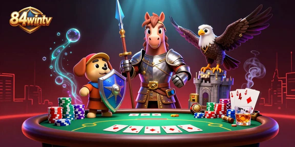 Experience the thrill of poker at 84wintv with a knight, squire, and falcon in a vibrant casino scene.
