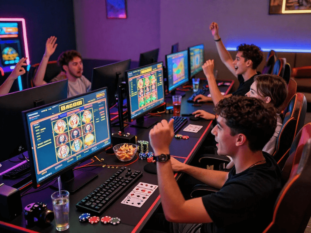 Group celebrating a slot gacor win at a vibrant online gaming setup.