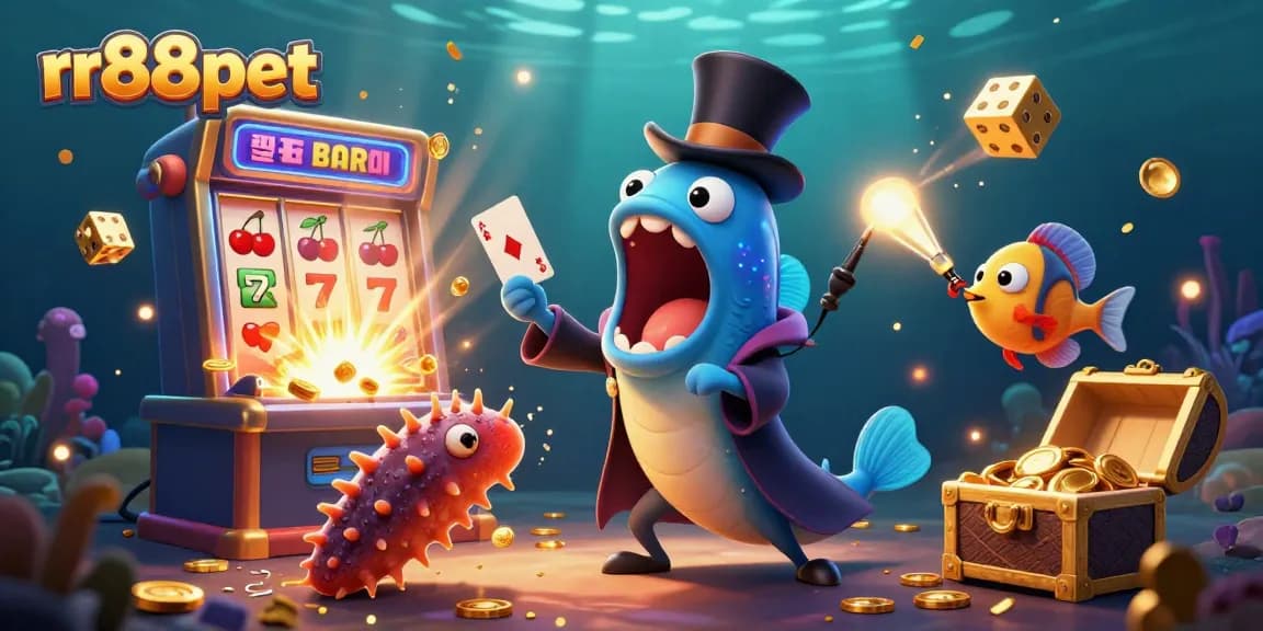 rr88pet showcases an enchanting underwater casino scene featuring vibrant characters performing magic surrounded by gaming elements.