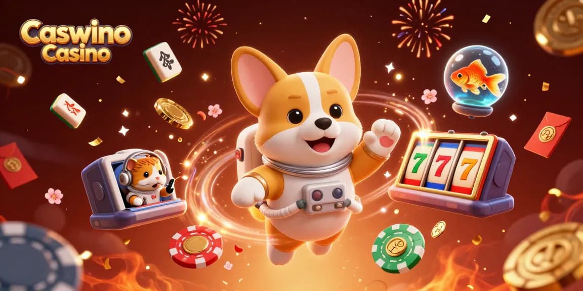 Experience gameplay excitement at Caswino Casino featuring floating chips, goldfish, and a corgi in space