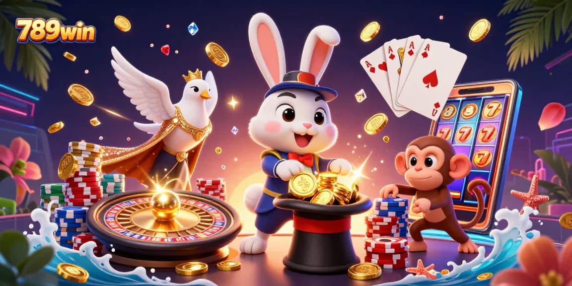 Experience winning at 789win with a magical scene featuring a rabbit, coins, and vibrant casino elements.