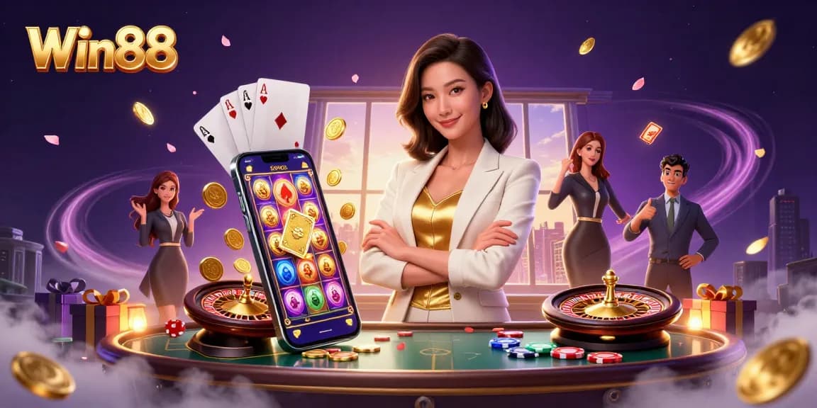 Engaging scene of Win88 showcasing a glamorous businesswoman with cards and dynamic casino elements.