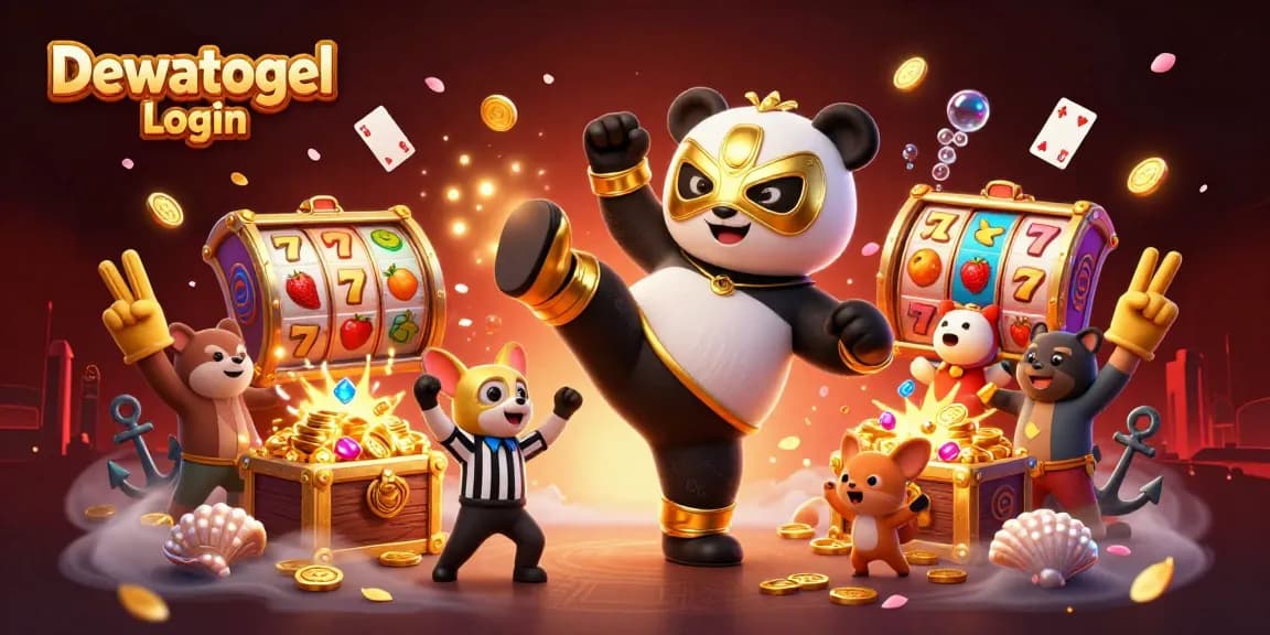Dewatogel Login action scene showcasing a 3D panda wrestler kicking amidst gold coins and vibrant slot elements.