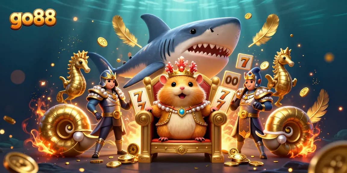 Experience thrilling gameplay at go88 with a dynamic 3D scene featuring a hamster king amidst casino elements.