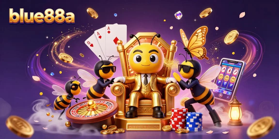Experience thrilling wins at blue88a with dynamic casino elements in a vibrant illustration.