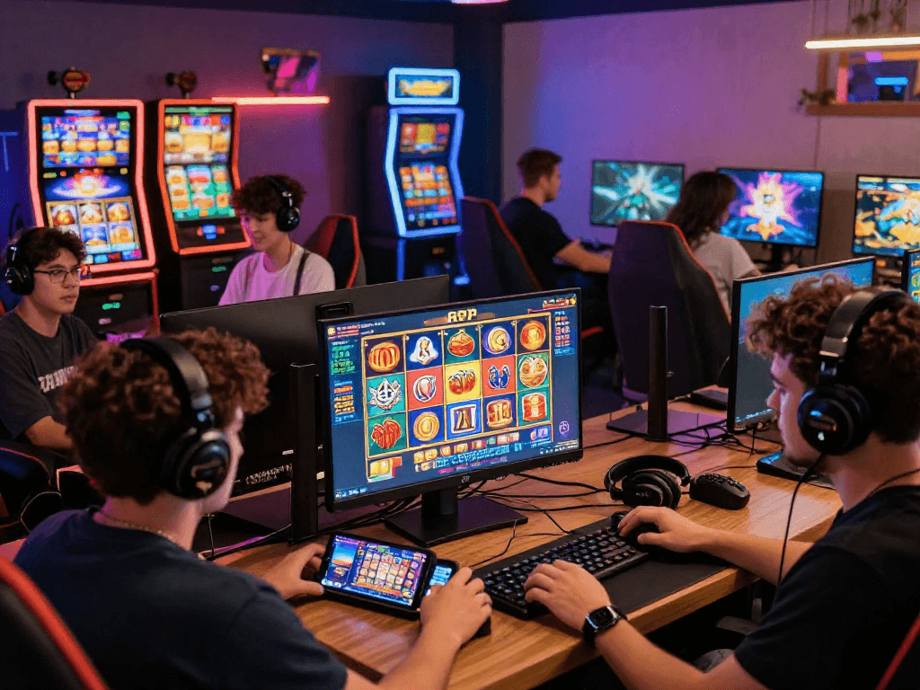 Exciting gaming scene with players engaging in link slot gacor, showcasing vibrant graphics and modern setup.