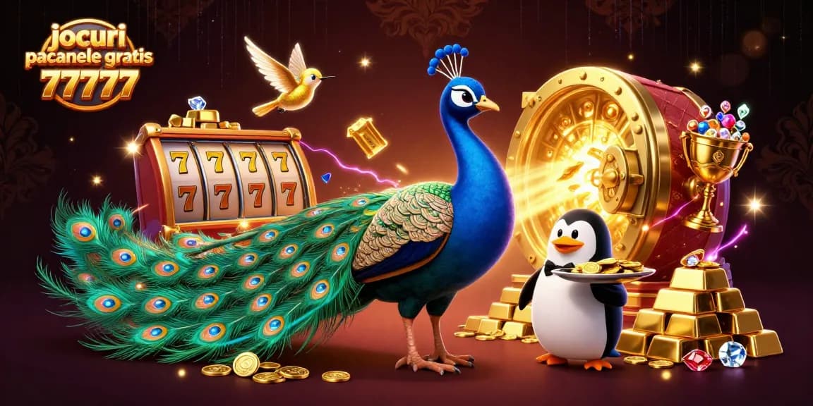 Joacă jocuri pacanele gratis 77777 alături de personaje atrăgătoare și elemente de casino pline de aur.