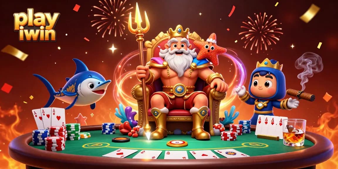 Play iwin in a vibrant casino scene featuring Neptune and poker elements.