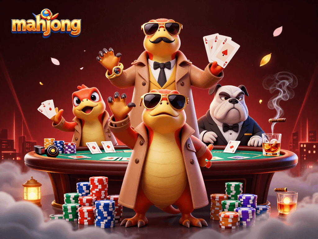 Experience mahjong excitement with cartoon raptors in a casino, surrounded by poker elements and vibrant details.