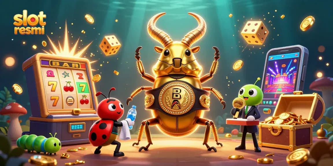 Win big at slot resmi with a vibrant scene of colorful slot machines, beetles, and exciting gameplay elements.