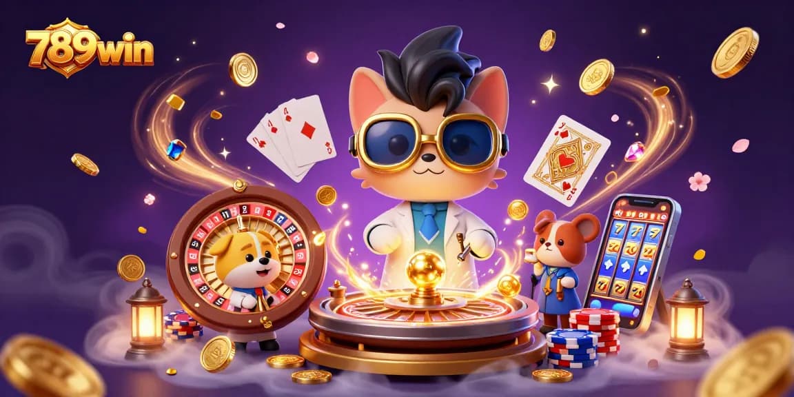 Experience thrilling games at 789win with golden coins, vibrant cards, and a dynamic scene.
