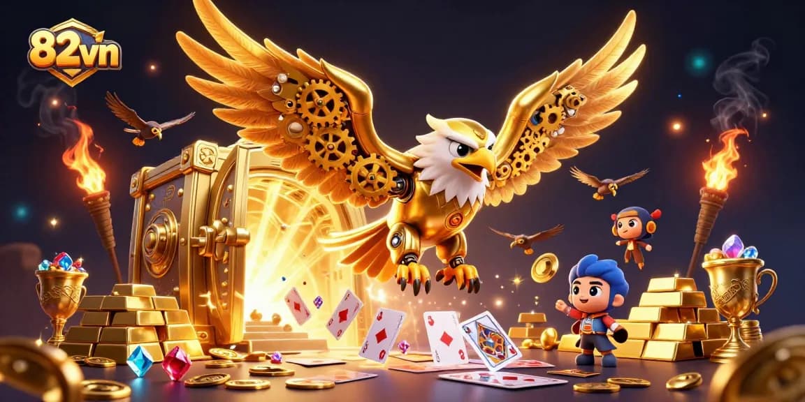 Experience thrilling wins at 82vn with a dazzling 3D casino scene featuring a golden eagle and treasures.
