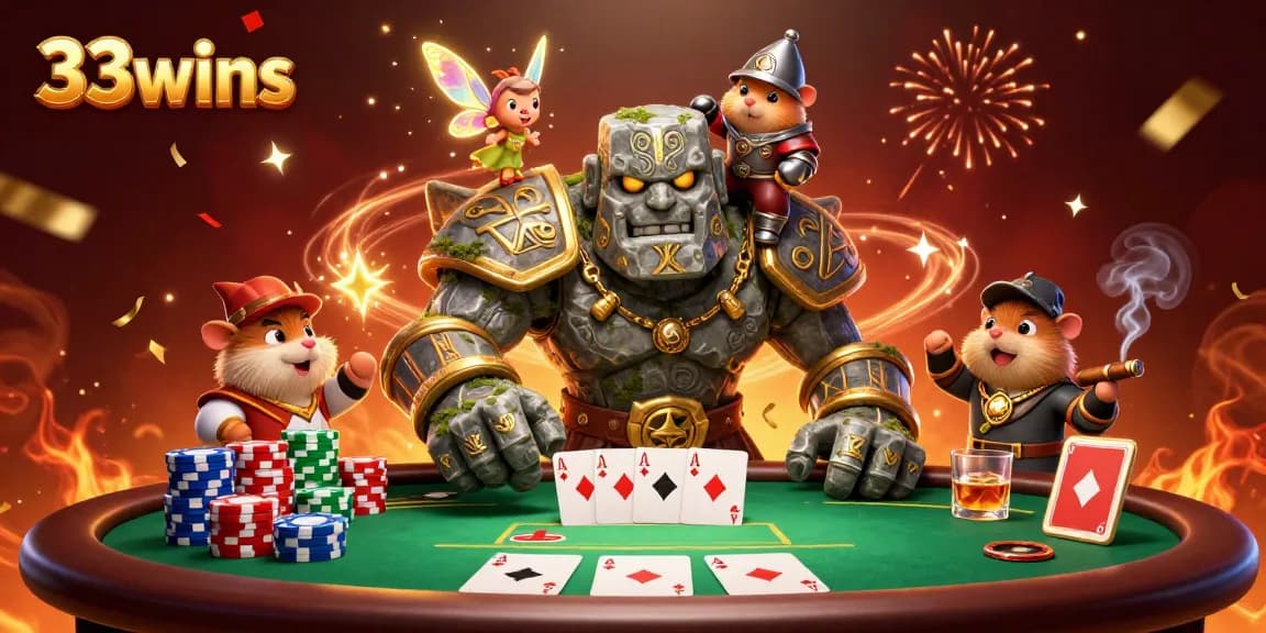 Experience thrilling poker action with 33wins, featuring a mystical golem and magical elements.