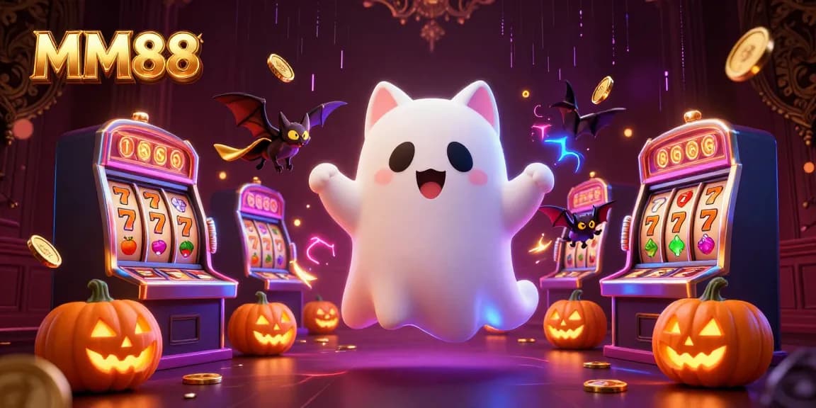 Win big at MM88 with a ghost cat and a vampire bat in a vibrant casino environment.