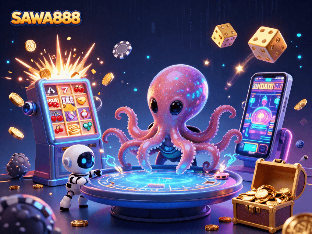SAWA888 showcases a captivating alien octopus at a holographic table surrounded by thrilling casino elements.