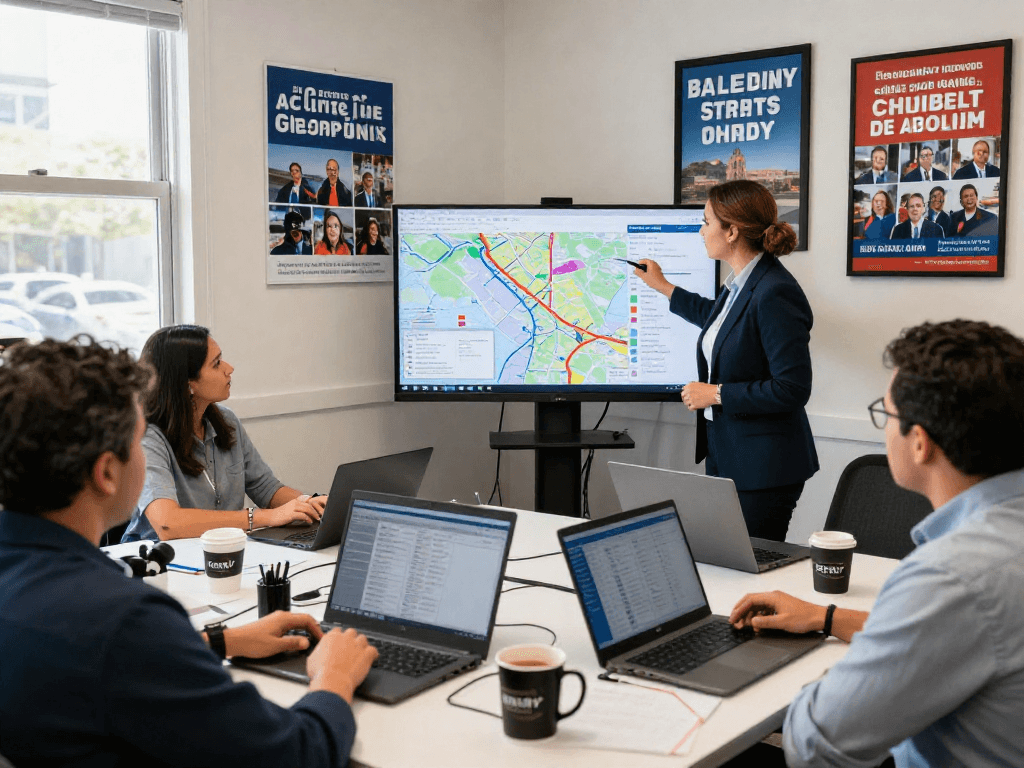Engaged political team analyzing programmatic ads for campaigns in a dynamic office.