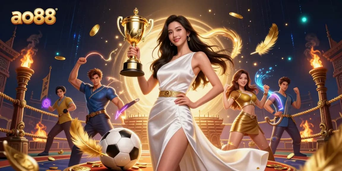 Celebrate your wins at ao88 with a victorious woman holding a trophy amidst a vibrant sports betting scene.