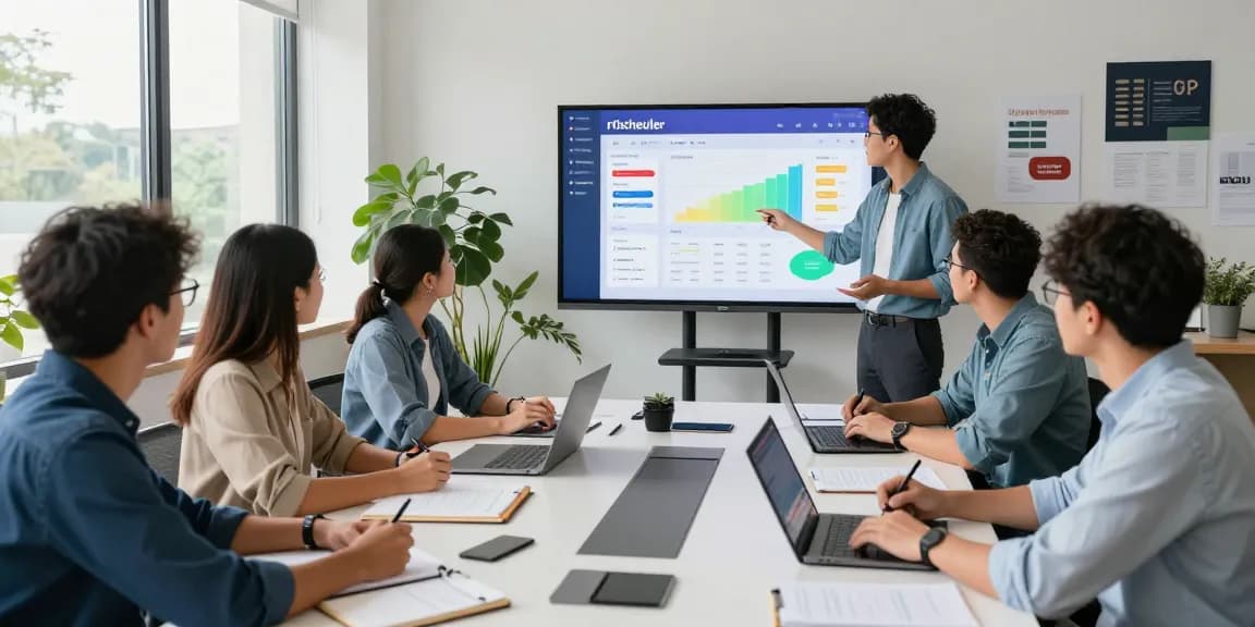 Team collaborating in a modern office using rtischeduler for project management strategies.