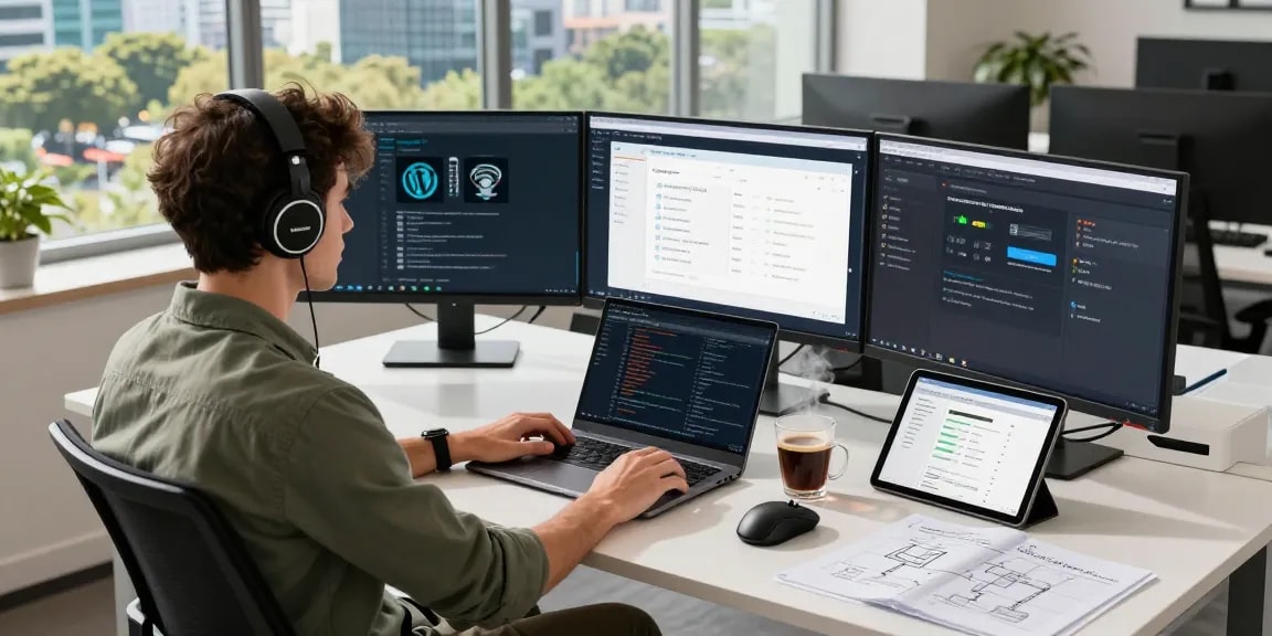 Litespeed Web Server WordPress Hosting optimization scene with a developer at a modern workstation