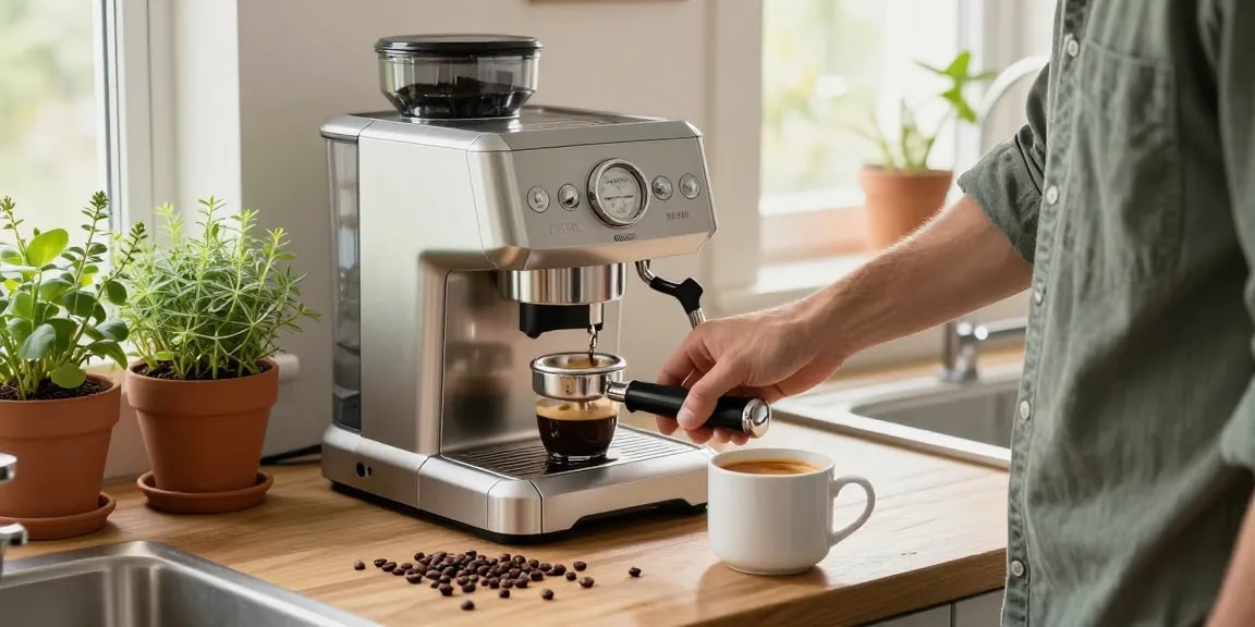 Perfectly brewed espresso using Rokok 88 Espresso Machine in a cozy home kitchen.