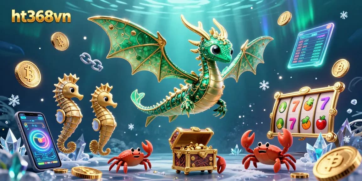 Engage with ht368vn's dynamic casino adventure filled with emerald sea dragons, treasure chests, and vibrant gaming elements.