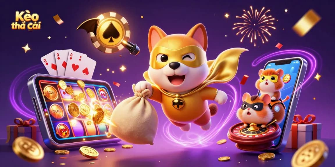 Kèo nhà cái brings excitement with a superhero dog carrying gold coins in a vibrant gambling scene