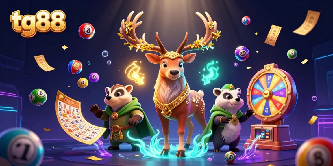 Engage in the thrill of tg88 with a magical 3D lottery scene bursting with energy and vibrant colors.
