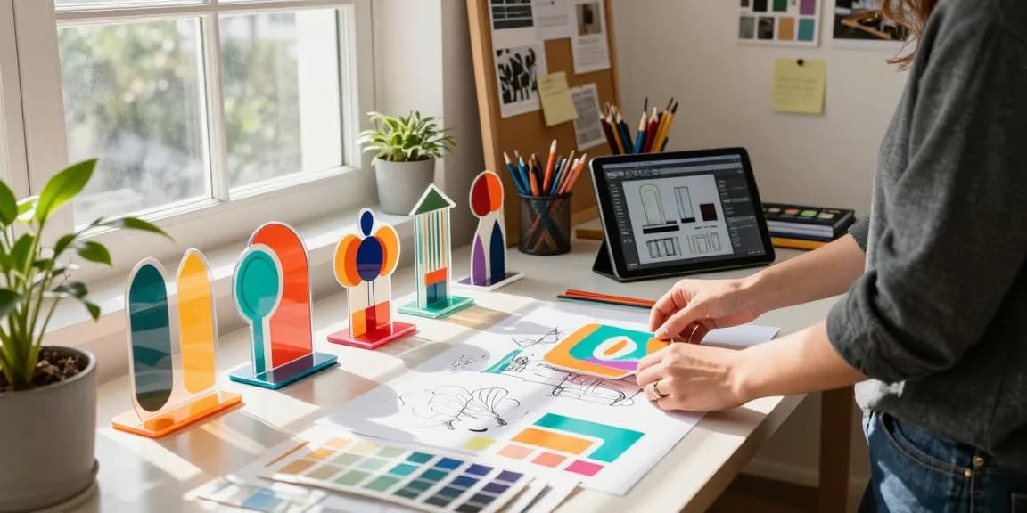 Custom acrylic standee designs displayed on a designer's desk, showcasing creativity in an inspiring workspace.
