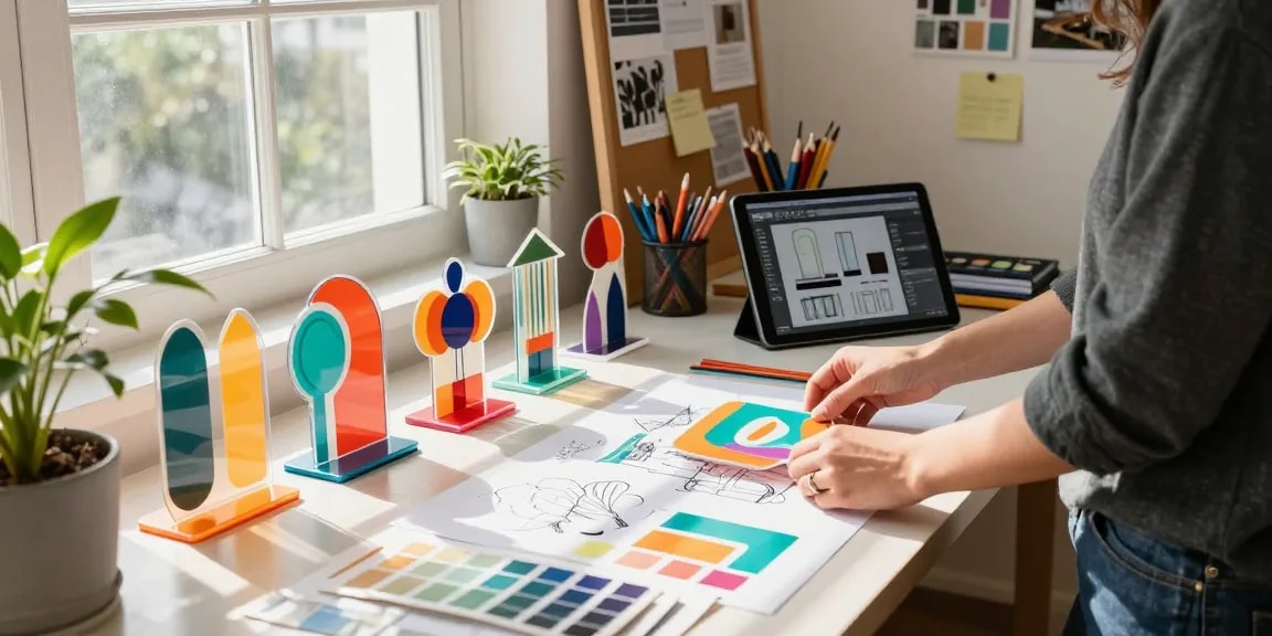 Custom acrylic standee designs displayed on a designer's desk, showcasing creativity in an inspiring workspace.