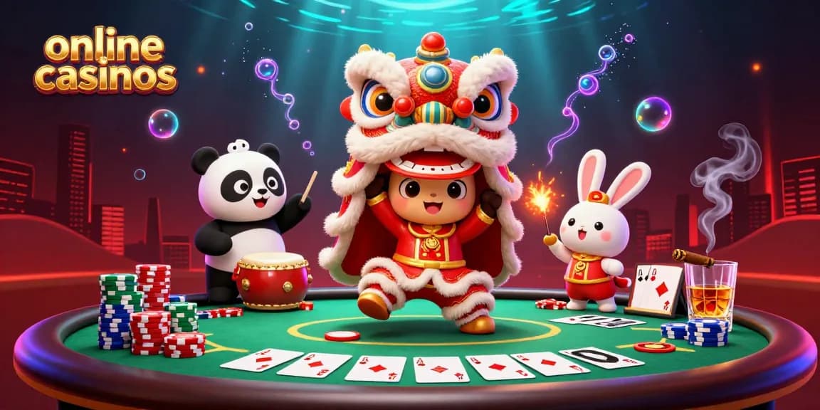 Engage with exciting online casinos featuring a vibrant lion dance, cards, and poker chips.