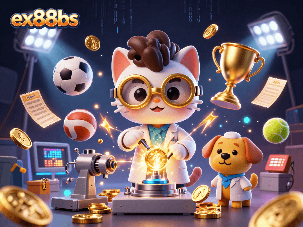ex88bs showcases a lively scene with a mad scientist cat making gold coins in a bustling sports betting environment.
