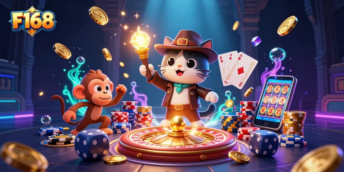 Engage in dynamic F168 gaming with a cartoon cat and monkey amidst dazzling casino treasures.