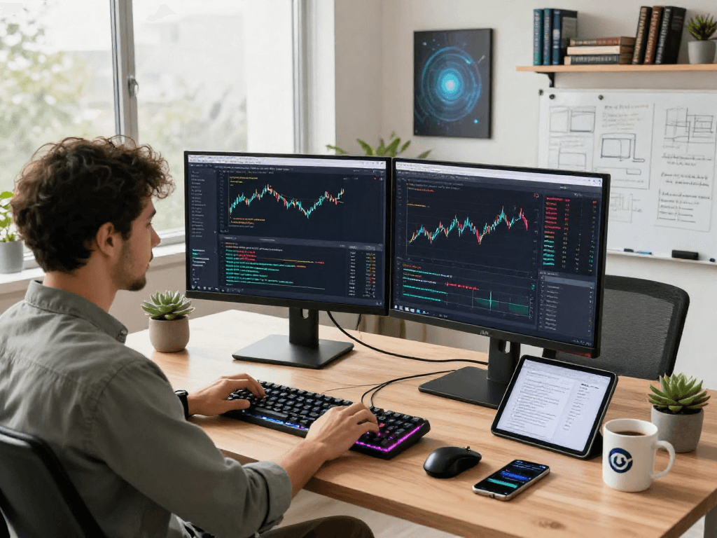 Real-time data visualization of Hang Seng historical Kline API on dual monitors in a modern tech workspace