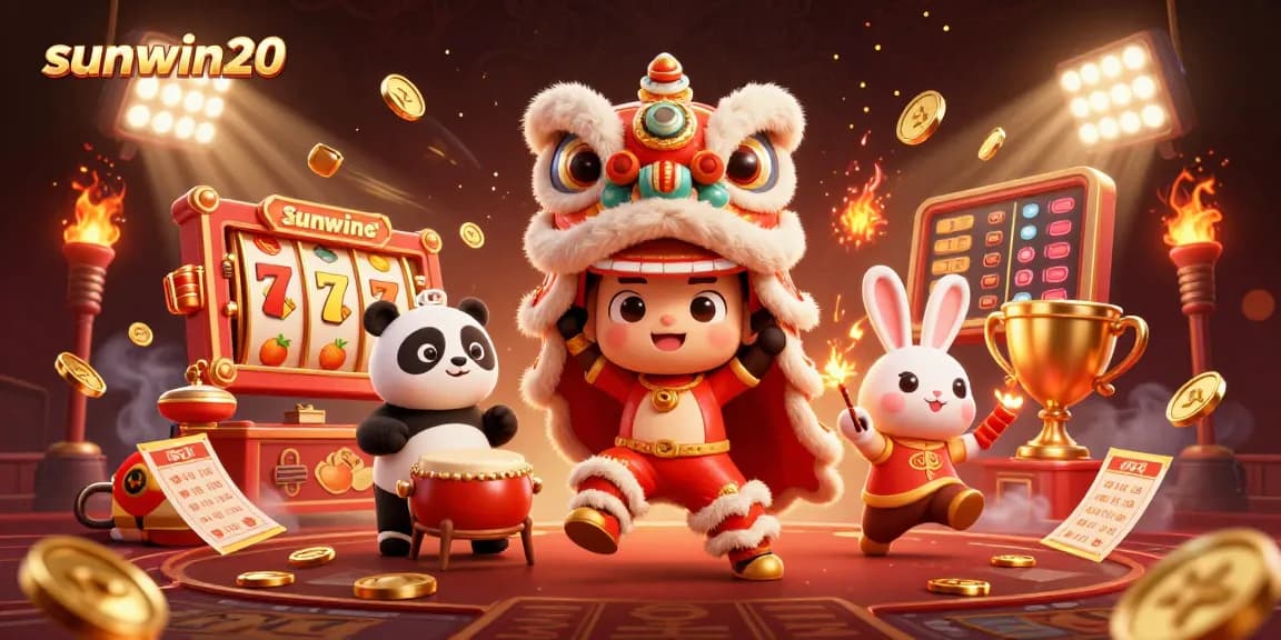 Win big with sunwin20 in a vibrant 3D casino scene filled with lucky fruits and slot reels.