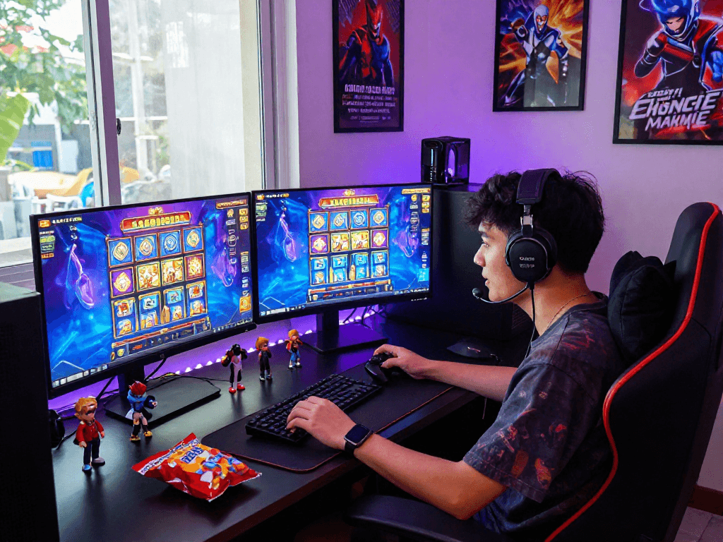Player engaged in slot gacor games at an energetic gaming desk, surrounded by vibrant screens and collectibles.