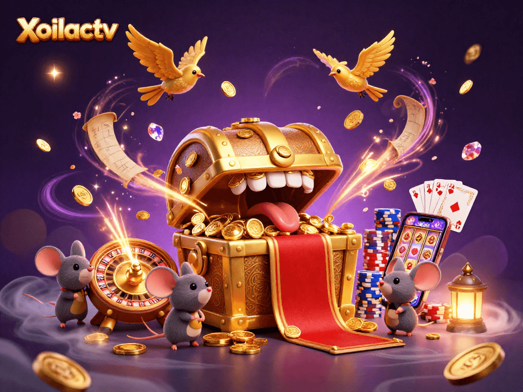 Xoilactv engages players with a vibrant casino scene featuring a treasure chest and dynamic game elements.