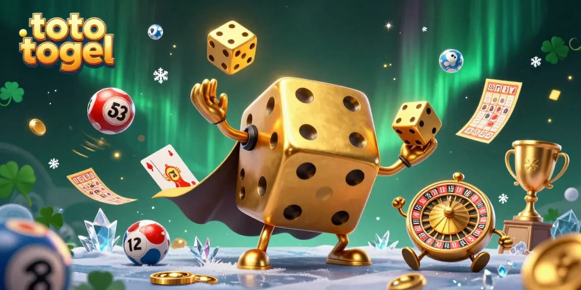 Engage with toto togel through vibrant 3D illustration of lottery characters, trophy, and dynamic game elements.