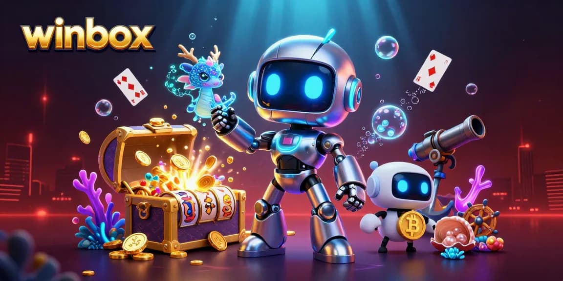 Engage in thrilling winbox gaming with a cyberpunk mascot, holographic AI dragon, and bitcoin drone amidst vibrant casino elements.
