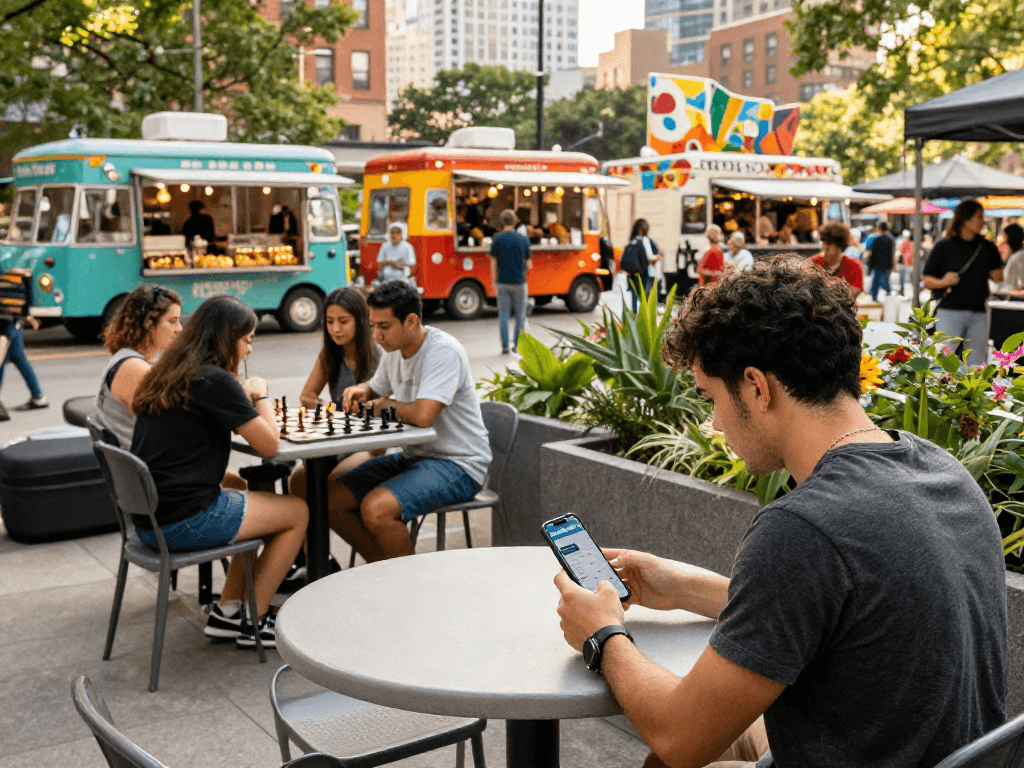 Urban lifestyle scene with people engaging using the Motchill app, vibrant community space atmosphere.