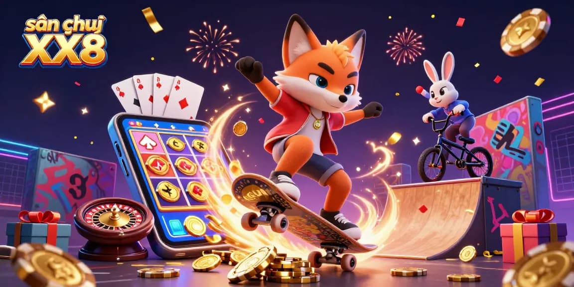 sân chơi XX8 showcases a dynamic scene with a skateboarder fox and BMX rabbit amidst colorful casino games, capturing the thrill of online gambling.