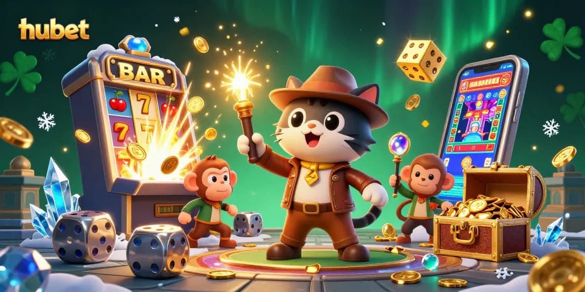 Experience thrilling wins at hubet with our vibrant casino-themed illustration featuring lucky symbols and a jackpot!