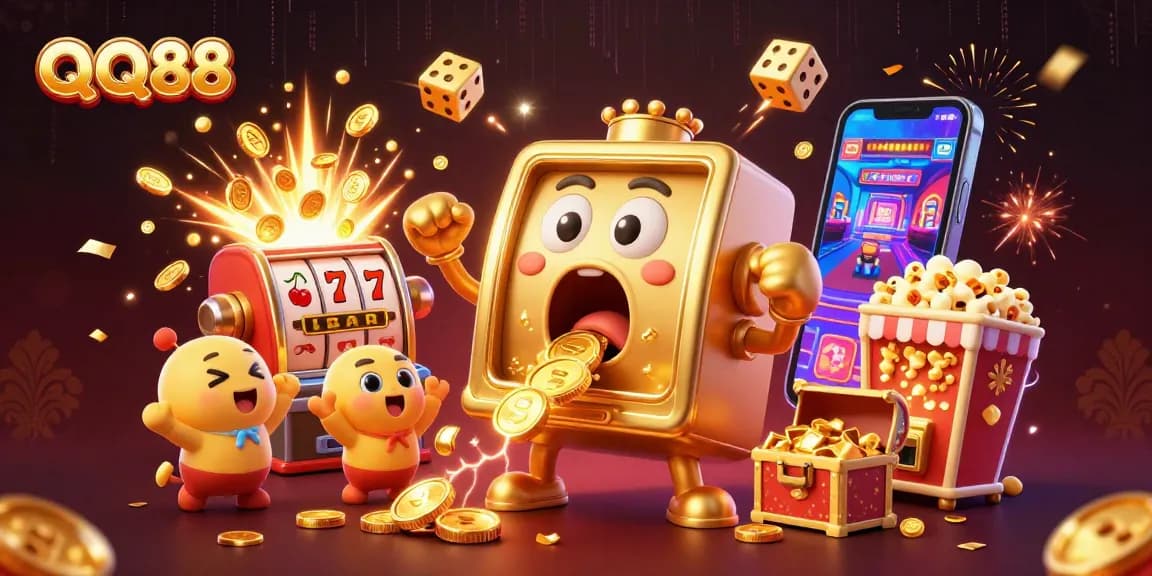 QQ88 jackpot celebration with excited slot machines and festive casino elements bursting with coins.