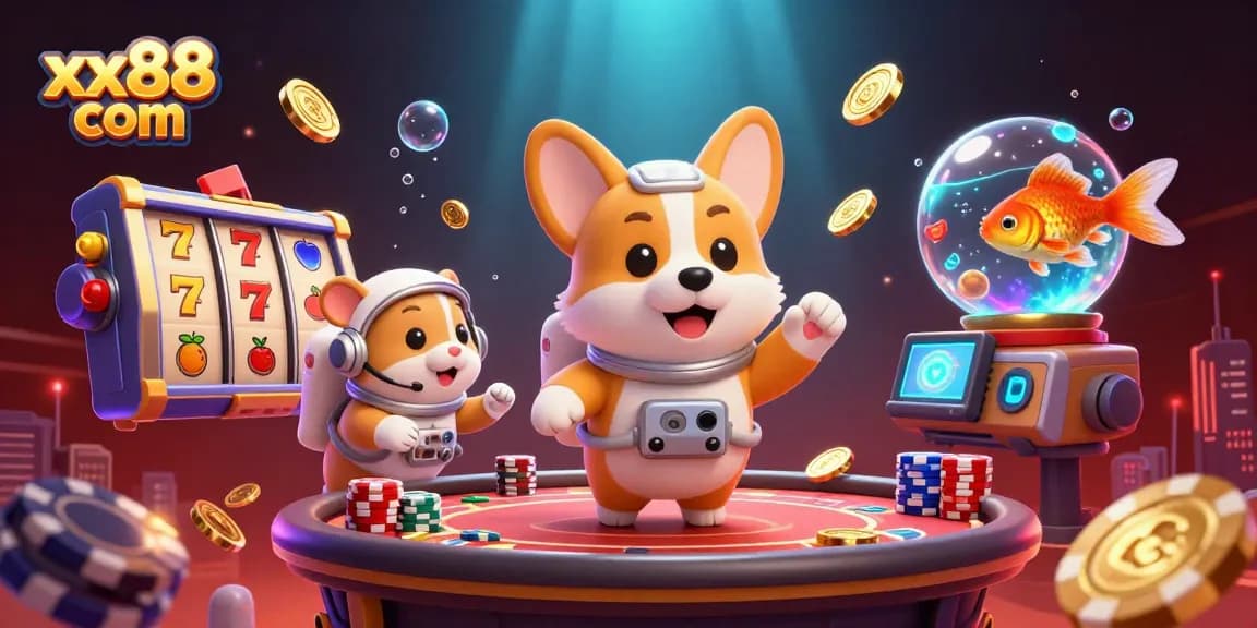 Engage in exciting gaming at xx88 com with a playful astronaut corgi and dynamic casino elements.