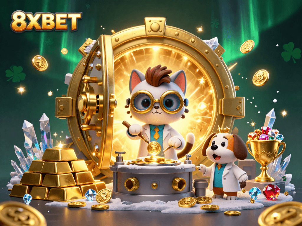 Experience thrilling wins with 8XBET in a lively online casino adventure featuring golden riches and playful characters.