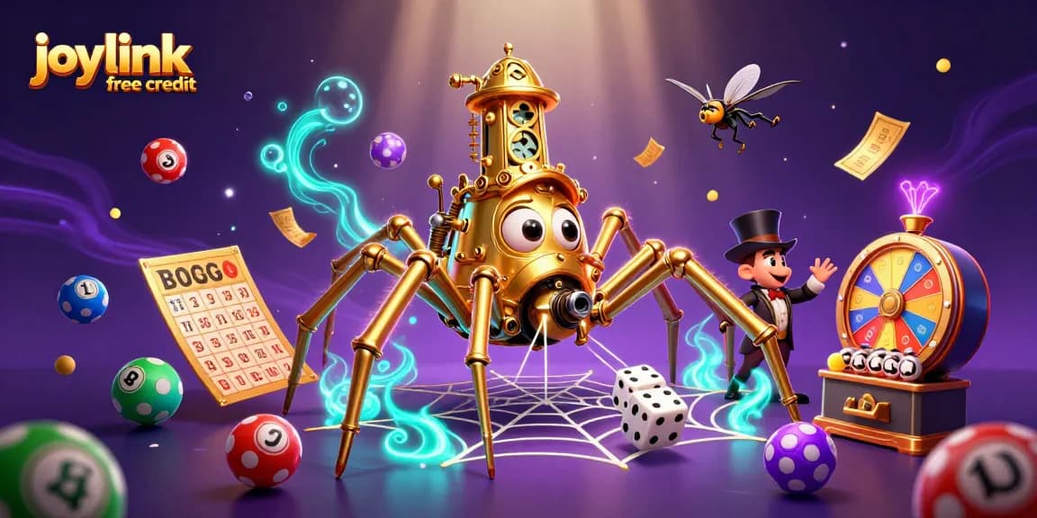 Experience joylink free credit as the steampunk spider weaves its web among lottery elements in this vibrant 3D illustration.