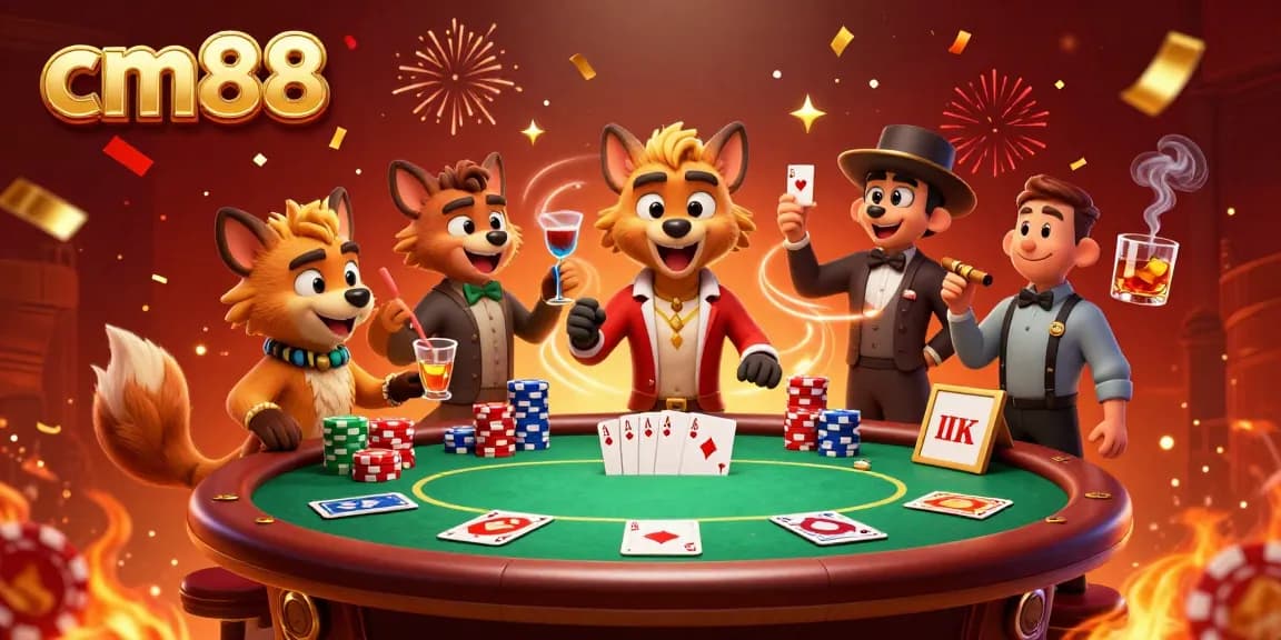 Hyenas entertain at cm88 comedy casino, filled with poker chips and vibrant celebration.