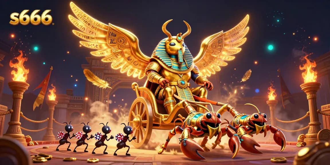 Experience the thrill of s666 with a vibrant casino scene featuring a colossal golden beetle, dazzling elements, and exotic gaming excitement.