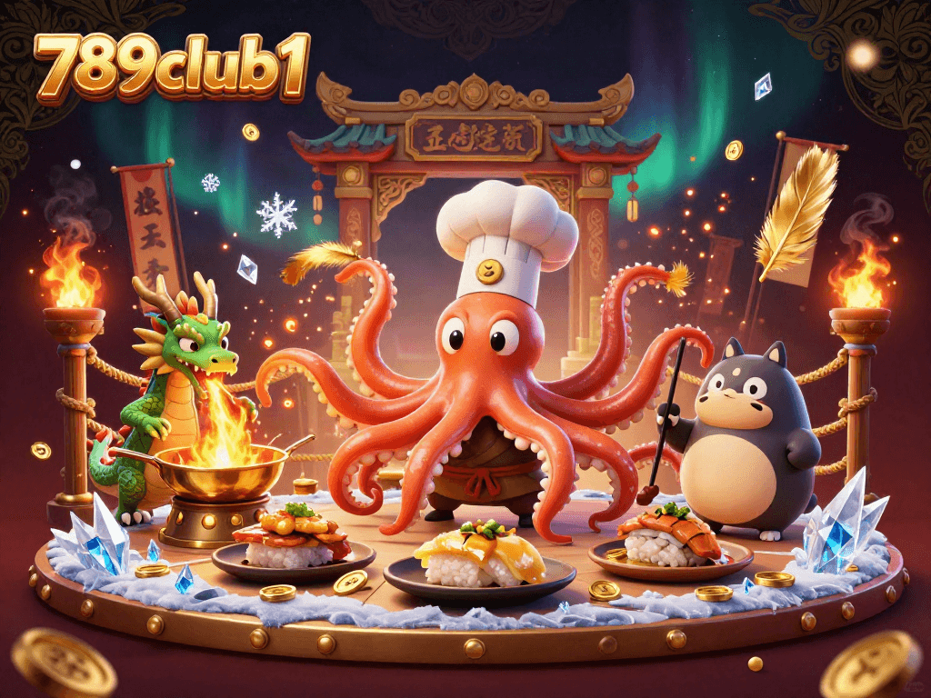 Engage with 789club1’s vibrant casino culture through a delightful scene of an octopus chef and friends.