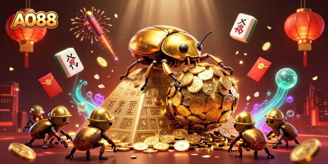 Engage with AO88's vibrant casino scene featuring a golden dung beetle rolling coins amidst festive elements.