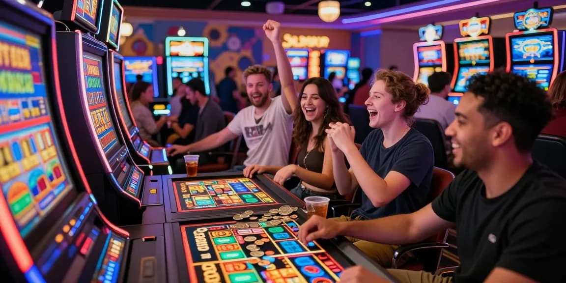 Suasana kasino penuh warna dengan pemain slot gacor merayakan kemenangan di mesin slot.